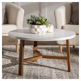 Walker Edison Mid Century Modern Round Coffee Table Living Room Accent Ottoman Storage Shelf, 30 Inch, Marble and Acorn