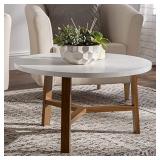 Walker Edison Mid Century Modern Round Coffee Table Living Room Accent Ottoman Storage Shelf, 30 Inch, Marble and Acorn