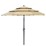 Patiassy 11 ft 3 Tiers Patio Umbrella with Heavy Duty 600D 250/Gsm Solution-Dyed Fabric Top, Push Button Tilt and Crank Outdoor Table Umbrellas with 8 Sturdy Ribs, Tan