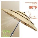 Patiassy 11 ft 3 Tiers Patio Umbrella with Heavy Duty 600D 250/Gsm Solution-Dyed Fabric Top, Push Button Tilt and Crank Outdoor Table Umbrellas with 8 Sturdy Ribs, Tan