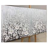 V-inspire Art, 24x48 Inch Hand Painted 3D White Flowers Wall Art Abstract Canvas Oil Paintings Wall Decorations for Living room Dining room Bedroom Artwork for Home Walls