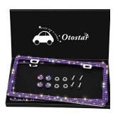 Otostar 2 Pack Waterproof Bling License Plate Frames, Handcrafted 3 Rows Shiny Rhinestones Stainless Steel 2 Holes License Plate Frame with Gift Box, Anti-Theft Screws Caps Set (Violet)