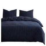 Wake In Cloud - Navy Striped Comforter, White Vertical Ticking Stripes Pattern on Navy Blue, 100% Cotton Fabric with Soft Microfiber Inner Fill Bedding (Queen Size)