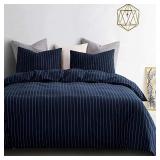 Wake In Cloud - Navy Striped Comforter, White Vertical Ticking Stripes Pattern on Navy Blue, 100% Cotton Fabric with Soft Microfiber Inner Fill Bedding (Queen Size)