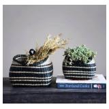 Hand-Woven Seagrass Wall Baskets with Stripes, Black & Natural, Set of 2 (Hangs or Sits)