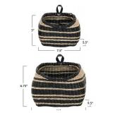 Hand-Woven Seagrass Wall Baskets with Stripes, Black & Natural, Set of 2 (Hangs or Sits)