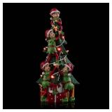 Alpine Corporation 12"H Indoor Christmas Tree and Stacked Elves Statue with Color Changing LED Lights