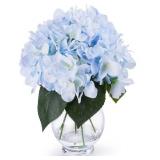 Enova Home Artificial Silk Hydrangea Fake Flowers Arrangement in Clear Glass Vase with Faux Water for Home Wedding Decoration