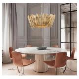 Modern Vintage Farmhouse 3-Light Gold Stripes Wood Chandelier Ceiling Pendant for Living, Dining Room - D20" x H8"- Retail:$277.49