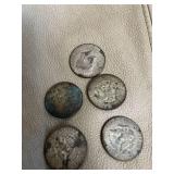 5 silver clad (40%) Kennedy half dollars