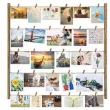 Love-KANKEI Wood Picture Photo Frame for Wall Decor 26Ã29 inch with 30 Clips and Adjustable Twines Collage Artworks Prints Multi Pictures Organizer and Hanging Display Frames Carbonized Black