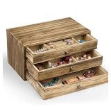 SRIWATANA Wooden Jewelry Box - 3 Layer Jewelry Organizer Wood Storage Case with 3 Drawers for Earring, Necklace, Bracelet, Rings - Carbonized Black