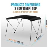 Waterproof Boat Bimini Top Cover - 67-72" W 3 Bow Bimini Top Canvas Sun Shade Boat Canopy -1" Double Wall Aluminum Frame Tube, 2 Straps 2 Rear Support Poles, Storage Boot -SereneLife SLBT3BK671- Retai