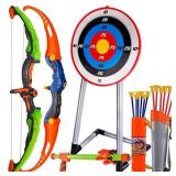 CAPTAIN CHAOWING Bow and Arrow for Kids, Archery Toy Set, 2 Bows & 1 Blowing Bow & 12 Arrows & 5 Quivers & Standing Target, Outdoor Toys for Children Boys Girls
