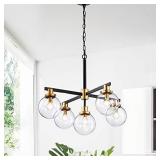 Warehouse of Tiffany HM084/5 Carson Carrington McKinnon 5-Light Matte Black and Gold Glass Globe Shades Chandelier- Retail $209