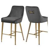 Meridian Furniture Owen Collection Modern | Contemporary Velvet Upholstered Counter Stool with Polished Gold Metal Legs, Set of 2, 23" W x 21" D x 40" H, Grey- Retail $441
