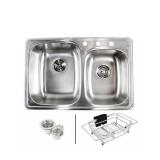 Topmount Drop-In 18-Gauge Stainless Steel 33-1/8 in. x 22 in. x 9 in. 1 Faucet Hole 60/40 Double Bowl Kitchen Sink Dish Rack- Retail:$159.99 MISSING ACCESSORIES