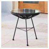 Sarcelles Modern Woven Wicker Patio Side Table with Glass Top by Corvus