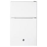GE GDE03GGKWW Mini Fridge 3.1 Cubic Ft. Double-Door Design with Glass Shelves, Crisper Drawer & Spacious Freezer Small Refrigerator Perfect for The Garage, Dorm Room, or Bedroom White, Cu