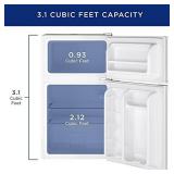 GE GDE03GGKWW Mini Fridge 3.1 Cubic Ft. Double-Door Design with Glass Shelves, Crisper Drawer & Spacious Freezer Small Refrigerator Perfect for The Garage, Dorm Room, or Bedroom White, Cu