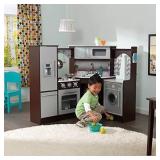 KidKraft Ultimate Corner Wooden Play Kitchen with Lights & Sounds, Play Phone and Curtains, Espresso, Gift for Ages 3+