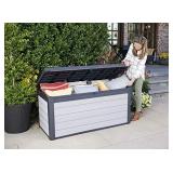 Keter Denali 150 Gallon Resin Large Deck Box-Organization and Storage for Patio Furniture, Outdoor Cushions, Garden Tools and Pool Toys, Grey & Black