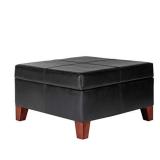 HomePop Faux Leather Square Storage Ottoman Coffee Table with Wood Legs, Black
