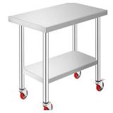 Mophorn 30x18x34 Inch Stainless Steel Work Table 3-Stage Adjustable Shelf with 4 Wheels Heavy Duty Commercial Food Prep Worktable with Brake for Kitchen Prep Work