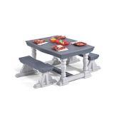 Step2 3-Piece Farmhouse Table & Bench Set | Kids Plastic Play Table | Modern Farmhouse Design, Grey, White