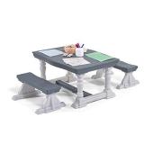 Step2 3-Piece Farmhouse Table & Bench Set | Kids Plastic Play Table | Modern Farmhouse Design, Grey, White