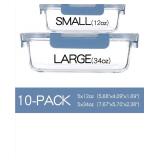 10-Pack Two Size(34 Oz,12 Oz) Lightweight Glass Food Container for Meal Prep,Durable Leakproof Lids Grey Blue Lunch