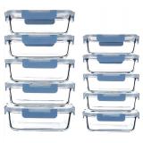 10-Pack Two Size(34 Oz,12 Oz) Lightweight Glass Food Container for Meal Prep,Durable Leakproof Lids Grey Blue Lunch