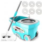 Tsmine Spin Mop Bucket System Stainless Steel Deluxe 360 Spinning Mop Bucket Floor Cleaning System with 6 Microfiber Replacement Head Refills,61"Extended Handle, 2x Wheel for Home Cleaning - MINT