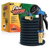 Flexi Hose with 8 Function Nozzle Expandable Garden Hose, Lightweight & No-Kink Flexible Garden Hose, 3/4 inch Solid Brass Fittings and Double Latex Core, 100 ft Blue Black