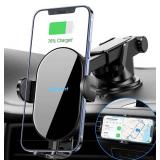 Nalwort Wireless Car Charger 15W Qi Fast Charge with Metal Frame Dashboard and Air Vent Phone Holder Auto Clamping Wireless Car Charger Mount Compatible for iPhone 11/XR/X, Samsung S20/S10 and More