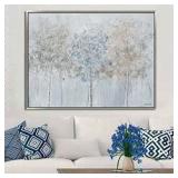 Hand Painted Acrylic Wall Art Blue Forrest on a 47 x 35 Rectangular Canvas with a Silver Wooden Frame- Retail:$279.99