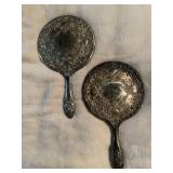 Two exquisite heavy vintage hand held mirrors - looks and feels like silver/silver plated but no markings
