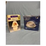 Porcelain candle lamp and American Limoges gravy boat - both new in box