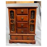 Nice hardwood jewelry box with etched glass - 13-inches tall