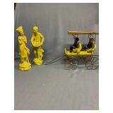 Attractive oriental ceramic figurines (about 11-inches tall) and metal cart - small figure has repaired leg