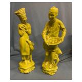Attractive oriental ceramic figurines (about 11-inches tall) and metal cart - small figure has repaired leg