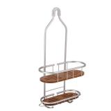 Tia Large Over the Showerhead Rustproof Shower Caddy, Teak Shelves, Satin Chrome & Matte Black