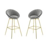 Art Leon Modern 37.99 in. Height Gray Velvet Round Swivel Bar Stools with 4-Metal Foots and Low Back (Set of 2)
