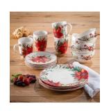 American Atelier Poinsettia Party Round Porcelain 16-Piece Dinnerware Set, Service For 4