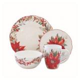 American Atelier Poinsettia Party Round Porcelain 16-Piece Dinnerware Set, Service For 4