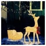 VEIKOUS 2-Piece Reindeer and Sleigh Set Outdoor Christmas Holiday Decoration for Yard With Lights - Gold- Retail:$161.99