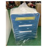New blue and white 3 drawer metal cabinet on wheels