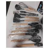 Temeisi 33pc Kitchen Utensil Set, Grey Silicone and Wooden Handle