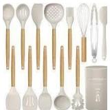 Oannao 13 piece silicone kitchen utensil set Wooden Handle, Khaki
