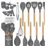 Temeisi 33pc Kitchen Utensil Set, Grey Silicone and Wooden Handle